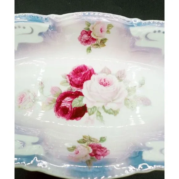Lusterware Relish Tray Handles Rose Floral Porcelain Dish Vintage German 9.5" - Picture 6 of 15